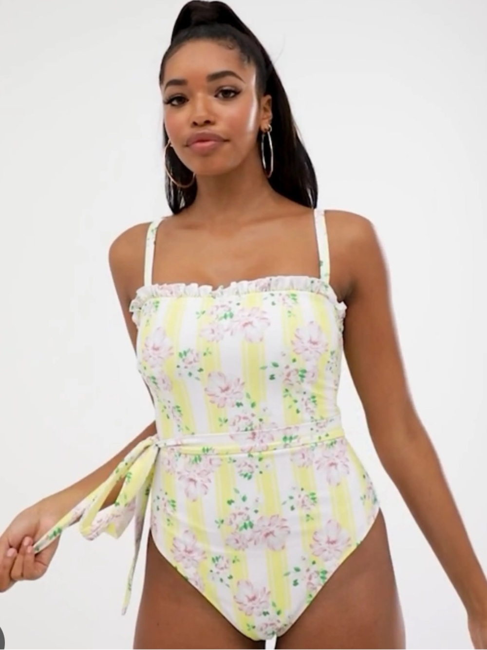 Peek & Beau ASOS One Piece Floral Ruffle Trim Attached Belt Swimsuit 12 D DD E